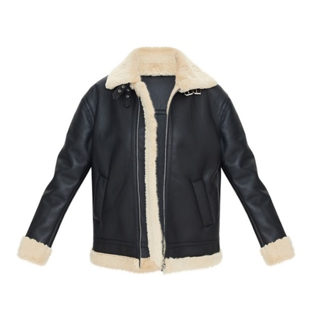 Black Faux Leather Oversized Plush Faux Fur Lined Aviator Jacket - NWT